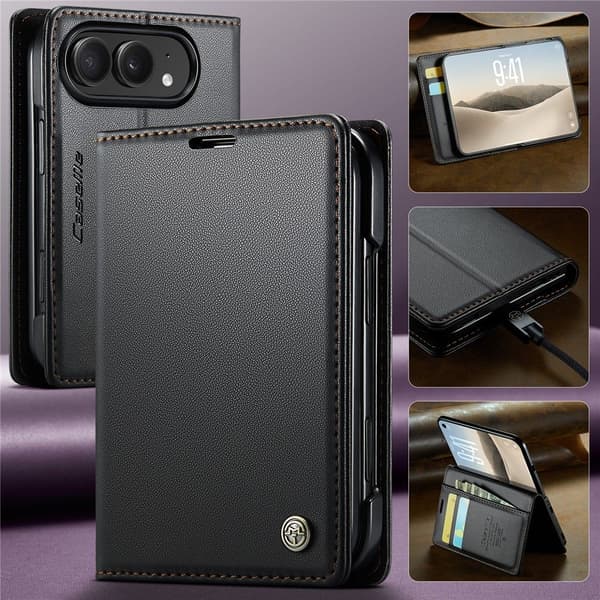CASEME Glanset telefonlommebokdeksel med litchi tekstur til iPhone Duo Black