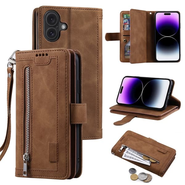 Til iPhone 17 Deksel med glidelås og 9 kortspor Brown
