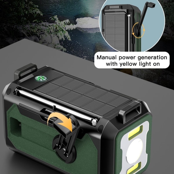 handvev Radio 12000mAh Power Bank Batteri ficklampa Sol laddning Svart