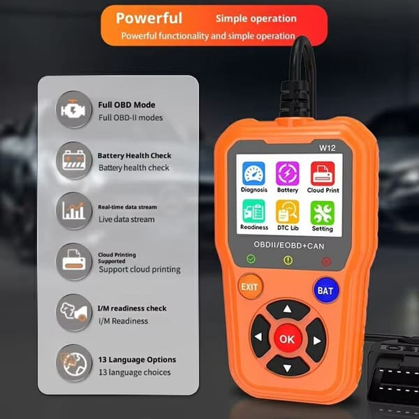 OBD2/EOBD+CAN-feilkodeleser – Diagnose og batteritest – Over 35 000 feilkoder (DTC) Black