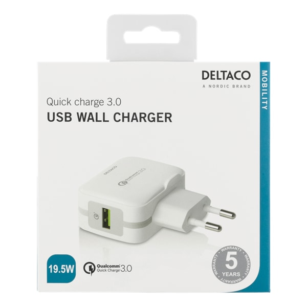 DELTACO vægoplader USB, Qualcomm Quick Charge 3.0, 19.5W,
