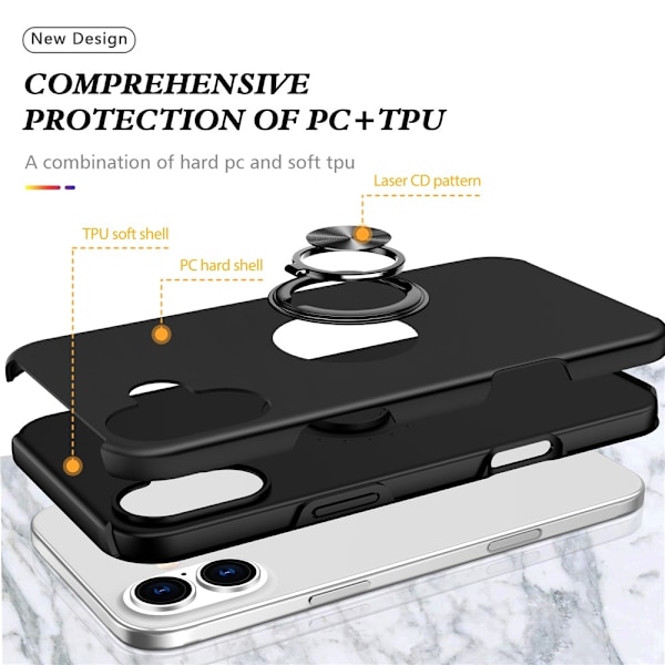 Til iPhone 17 Finger Ring Kickstand Hybrid Taske Black