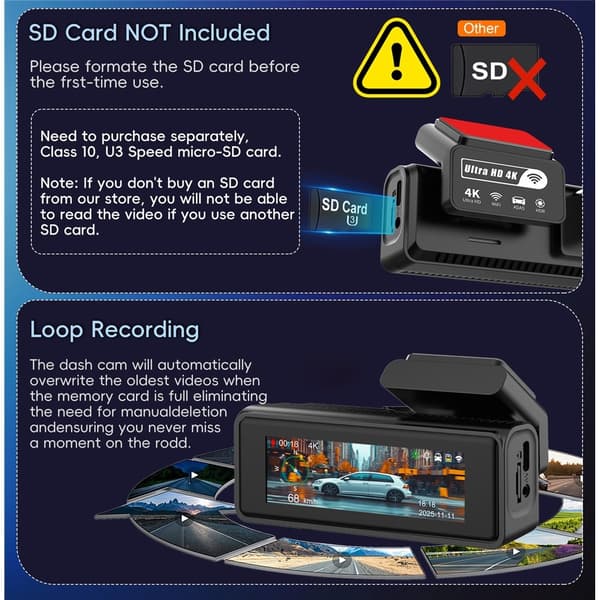 Dobbelt 4K Dash Cam-kamera HDR Nattsyn ADAS GPS Parkeringsovervåking DVR Black