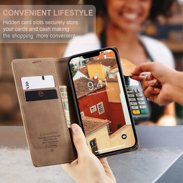 CASEME Retro lompakkokotelo iPhone 14 Prolle - vaaleanruskea Brown