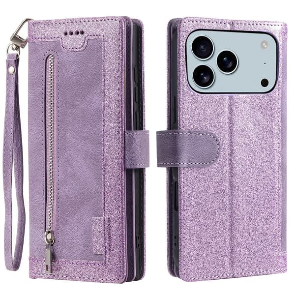 Til iPhone 17 Pro Max Etui med Lynlåslomme og 9 Kortlommer Purple