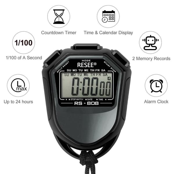 RESEE Stoppklokke LCD-skjerm Timer Svømming Løping Sport Black