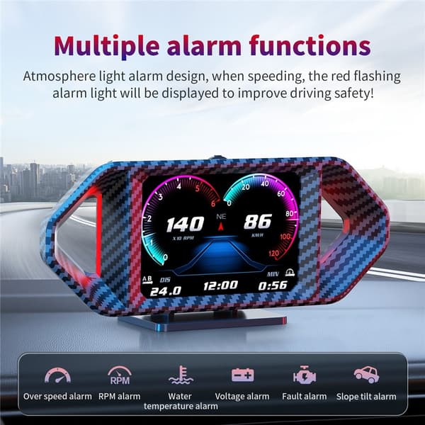 Speedometer med Head-Up Display (HUD), LCD, OBD og GPS – turtall, drivstofforbruk og stigning Blue