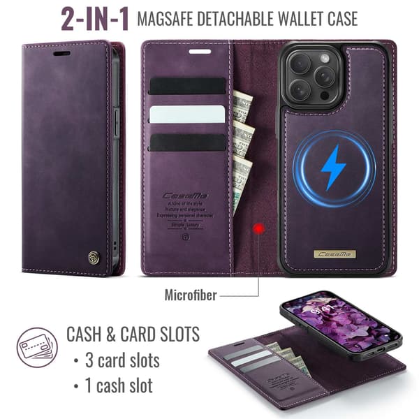 CASEME Til iPhone 15 Pro Max Lommebokdeksel Magnetisk Avtakbar RFID Beskyttelse - Coffee Purple
