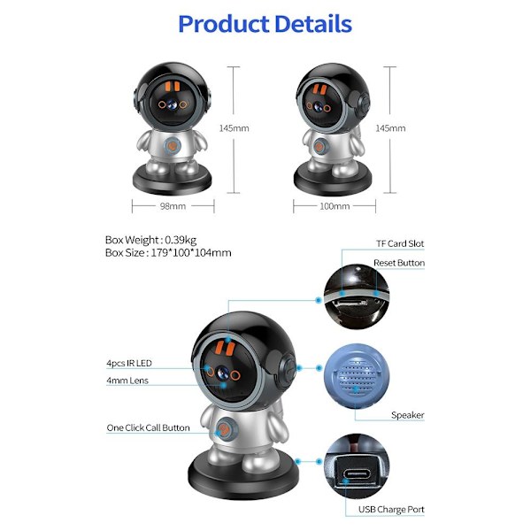 ESCAM 3MP Robotman H.265 WiFi IP-kamera Hjemmesikkerhed CCTV Black