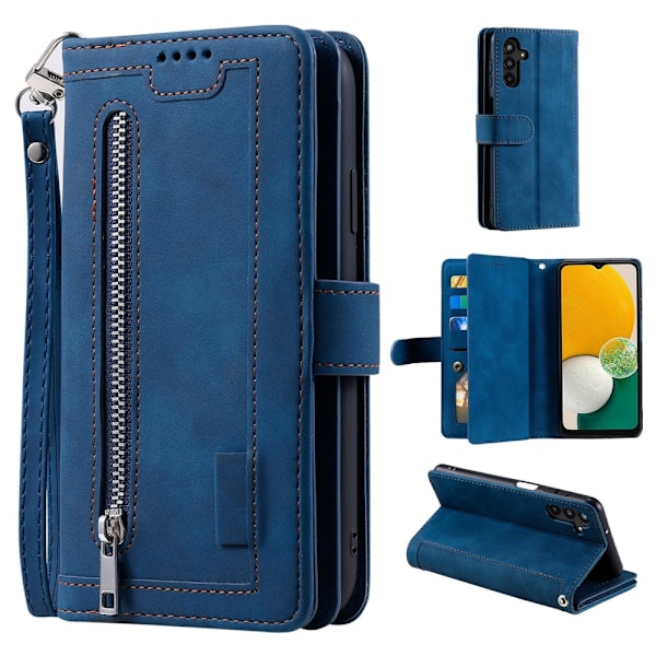 Til Samsung Galaxy S24 FE Etui med Lynlåslomme og 9 Kortlommer i PU-læder – Blå Blue