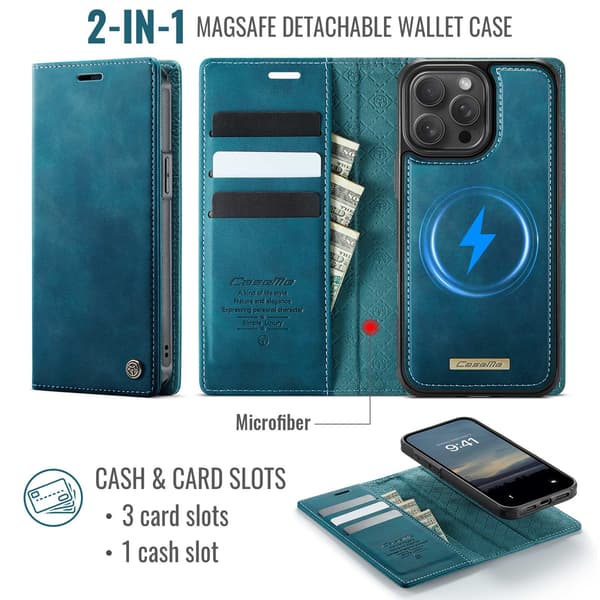 CASEME Til iPhone 15 Pro Max Pungcover Magnetisk Aftagelig RFID Beskyttelse Blue
