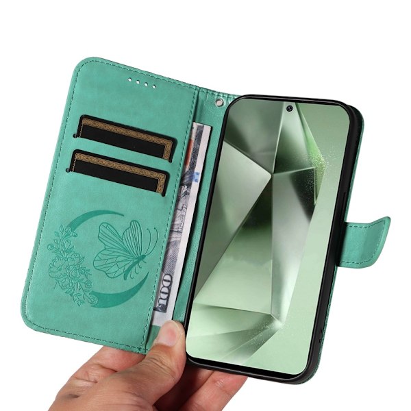 Til Samsung Galaxy S24 FE Etui Stand Tegnebog Etui Sommerfuglemønster Green