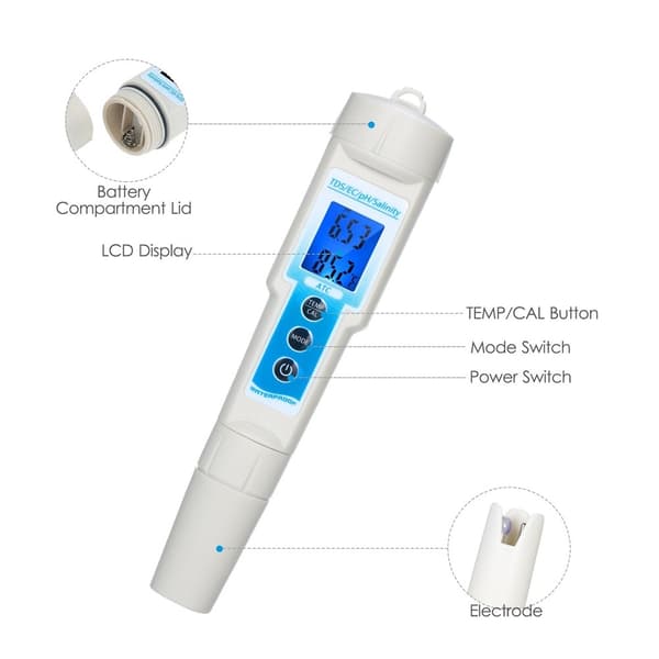 Måler 5-i-1 Vannkvalitet / TDS / EC / pH / Salinitet / Temperatur White