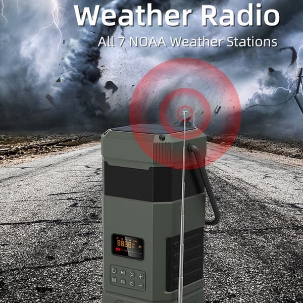 Nødradio, solpaneler, håndsving, Bluetooth, højttaler, lys, IPX5-vandbestandighed, SOS Green