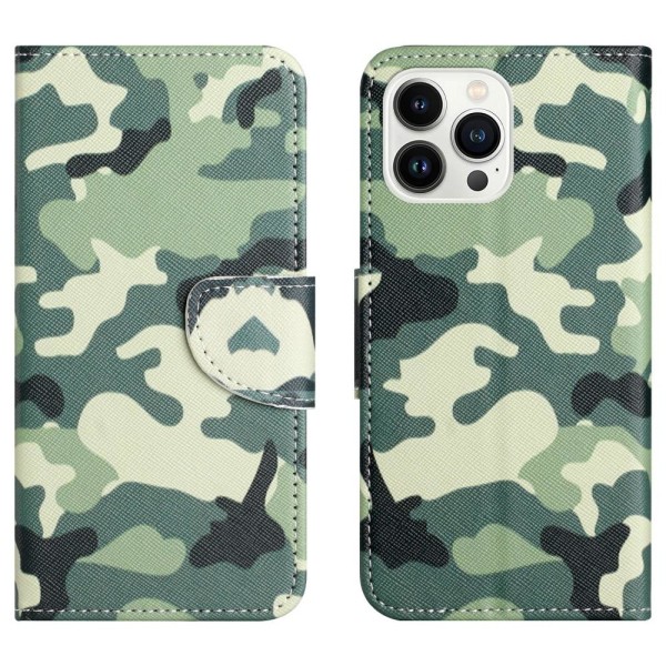 För iPhone 15 Pro Max Plånbok Fodral Skal Skydd - Kamouflage Grön