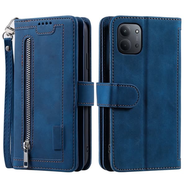 Til Xiaomi Redmi 15C Etui med Lynlåslomme og 9 Kortlommer – Blå Blue