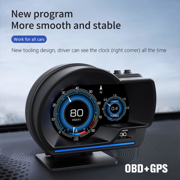 Bil HUD Speedometer OBD2+GPS-måler med overhastighed, omdrejning Black