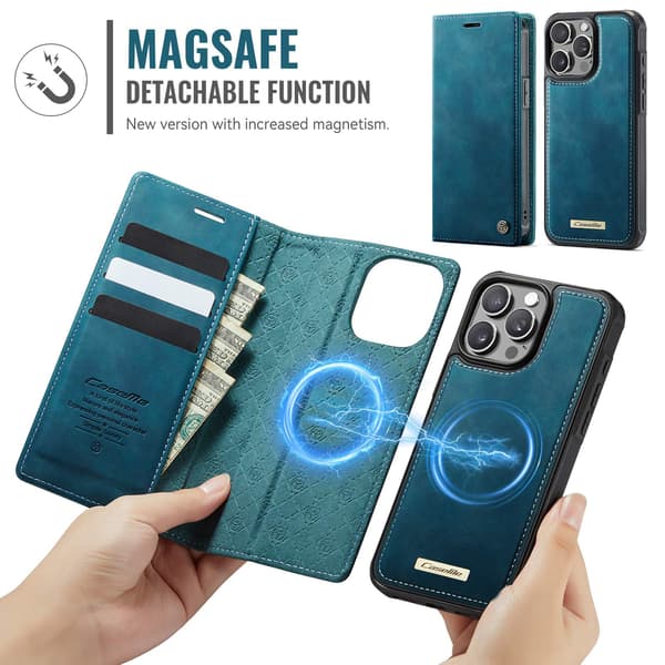 CASEME Til iPhone 15 Pro Max Pungcover Magnetisk Aftagelig RFID Beskyttelse Blue