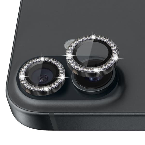 NORTHJO Kameralinsebeskyttelse med Strass til iPhone 16 / 16 Plus, Hærdet Glas Black