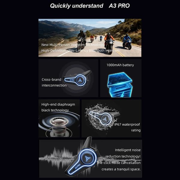 Hjelm Motorsykkel Bluetooth Intercom Headset IP67 Vanntett 1000m Rekkevidde Black