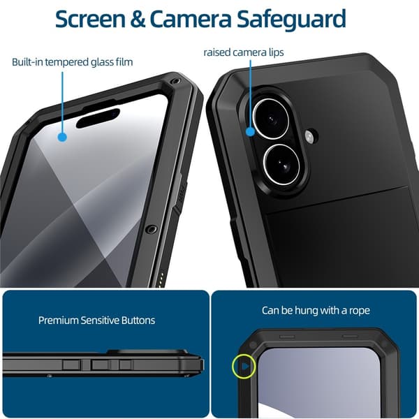 Kraftig robust hybrid-deksel+herdet glass til iPhone 17 Black