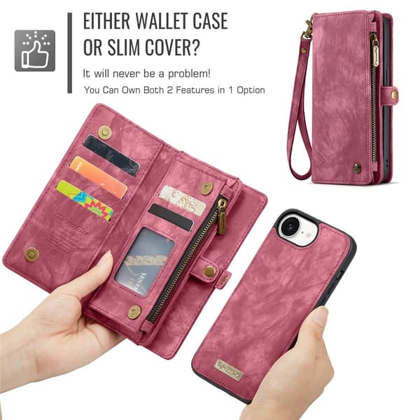 Til iPhone 17e og iPhone 16e Mobildeksel CASEME Avtakbar Lommebok med Stropp Red