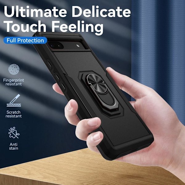 Google Pixel 6A iskunkestävä TPU+PC Kickstand -puhelinkotelo autoteline metallilevy - musta Black