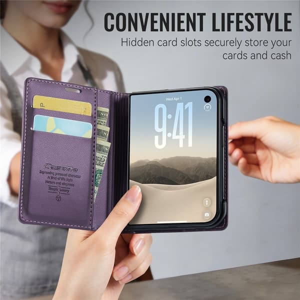 CASEME Glanset telefonlommebokdeksel med litchi tekstur til iPhone Duo Purple
