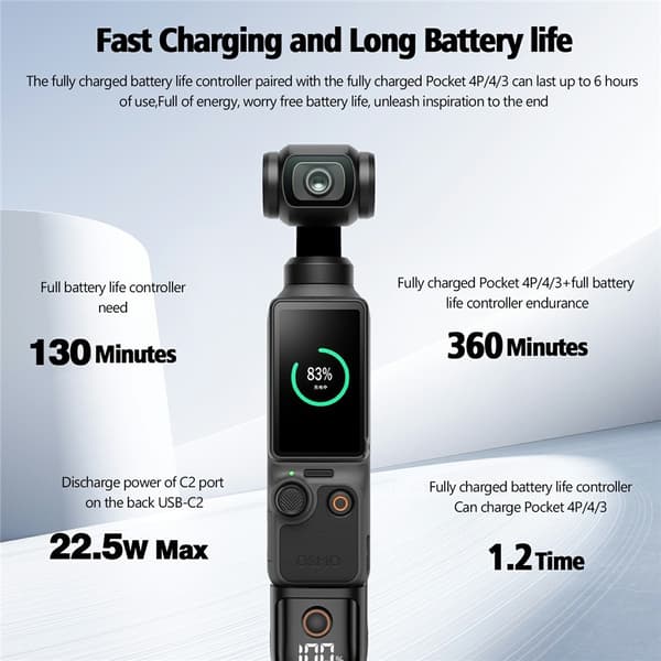 Powerbank og kameragreb til DJI Osmo Pocket 4P / 4 / 3, 5000 mAh, 22,5 W Black