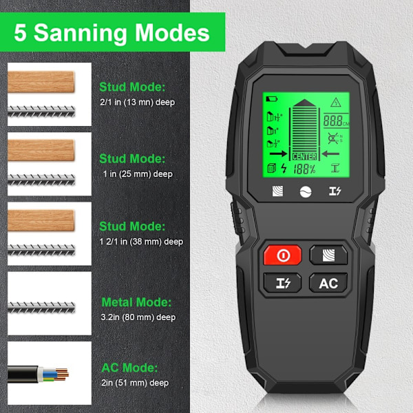 5 i 1 LCD Wall Stud Finder Edge Center Trä ström Metall AC Live Wire Detektor Svart