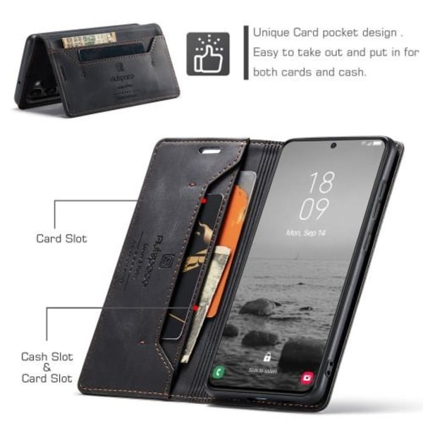 AUTSPACE A01 Retro tegnebog taske til Samsung Galaxy S23+ (Plus) - Sort Black