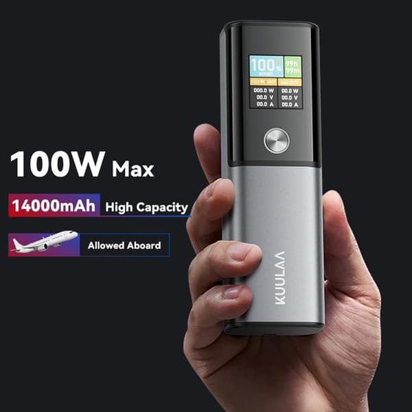 14.000 mAh powerbank / nødoplader – 100 W PD-hurtigopladning og smart TFT-display Grey