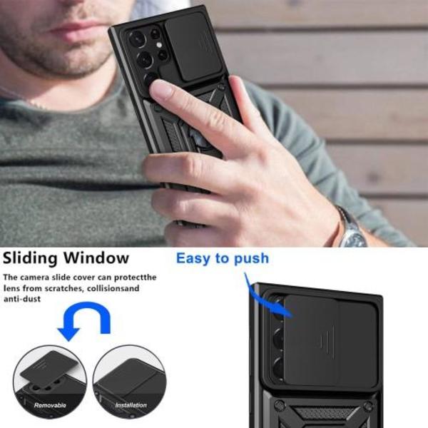 Samsung Galaxy S23 Ultra Stødsikker TPU+PC Kickstand Telefontaske Bilmontering Metalplade - Sort Black