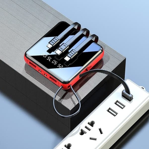 Kompakti varavirtalähde 10 000 mAh, 4-in-1-kaapeli, LED-taskulamppu, digitaalinen näyttö – punainen Red