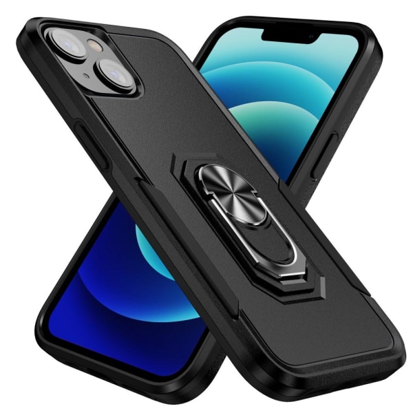 iPhone 15 Hybrid skal med Finger Ring & Metall Plåt - Svart Svart
