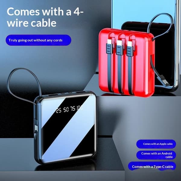 Kompakti varavirtalähde 10 000 mAh, 4-in-1-kaapeli, LED-taskulamppu, digitaalinen näyttö – punainen Red
