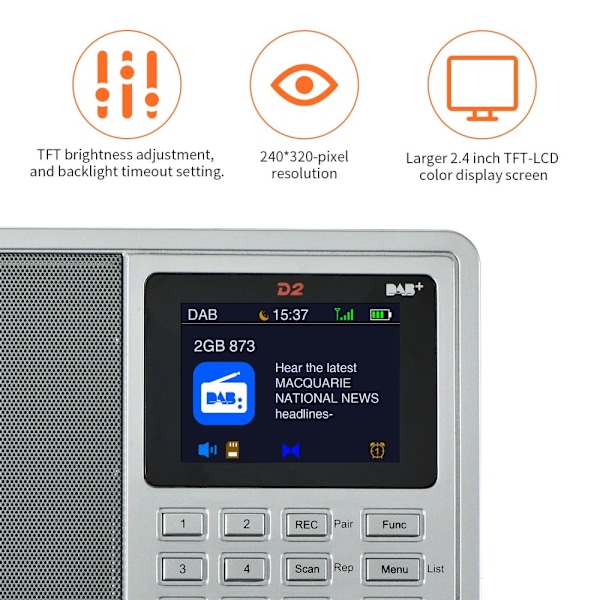 Digital radiomottaker DAB+FM RDS Bluetooth MP3-spiller REC-opptaker TF-kort Silver grey
