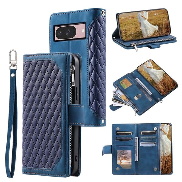 För Google Pixel 10 Pro / 10 / 9 Pro / 9 Zipper Wallet Case Rhombus Telefonfodral Blå