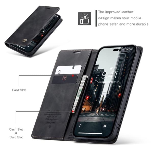 CASEME Retro Lommebok Etui for iPhone 14 Pro Max - Svart Black