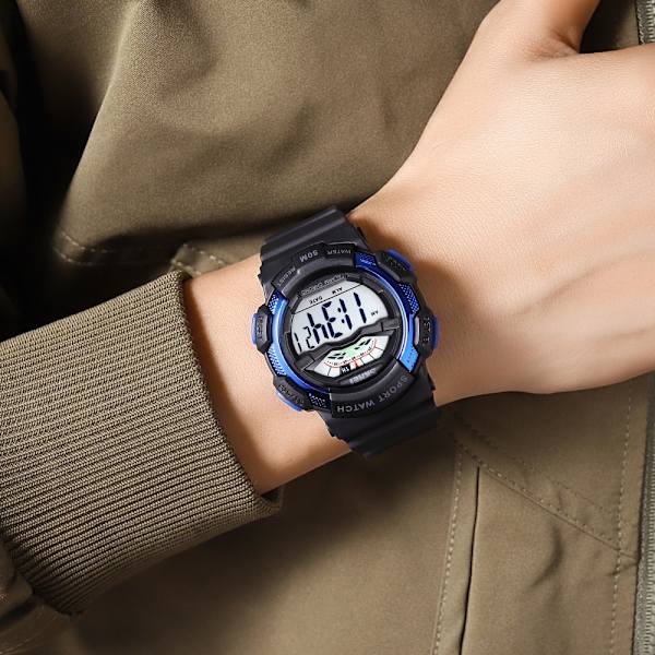 SKMEI 50m vandtæt armbåndsur - Sort+Blå/Hvid Urskive Blue