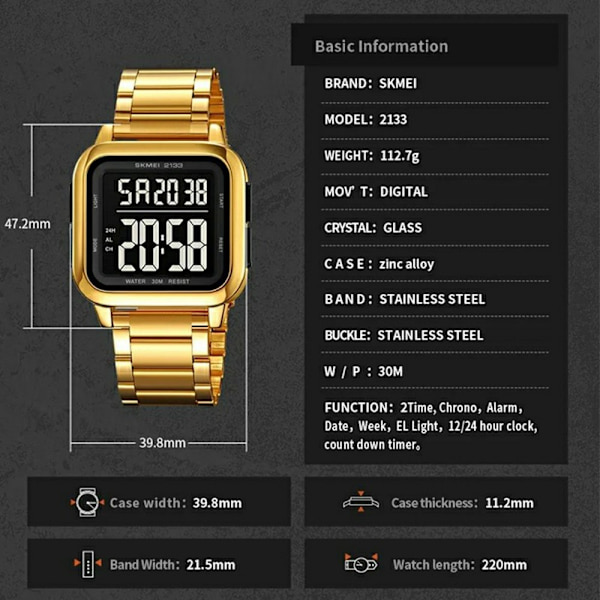SKMEI Digital Elektronisk Armbandsklocka Klocka Stålrem Fyrkantig - Svart Svart