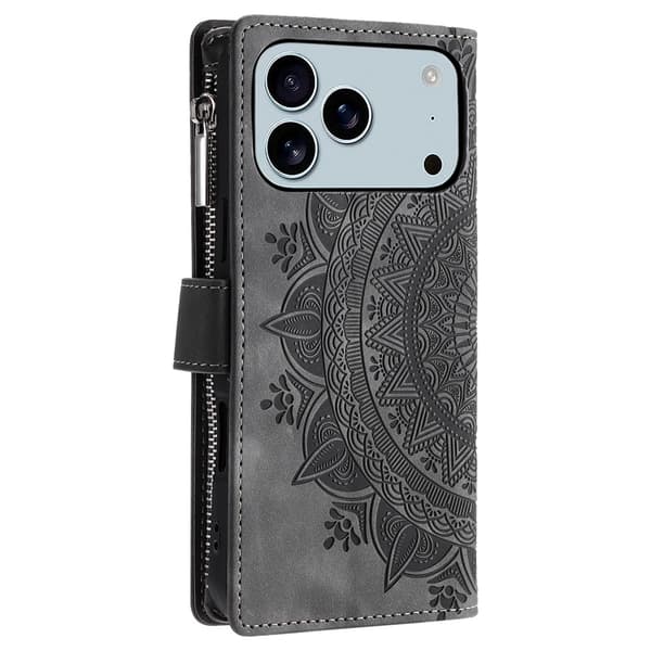 Pungetui kompatibelt med iPhone 17 Pro Max cover etui mandala blomstermønster - Grå Grey