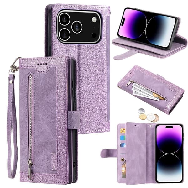 Til iPhone 17 Pro  Etui med Lynlåslomme og 9 Kortlommer Purple