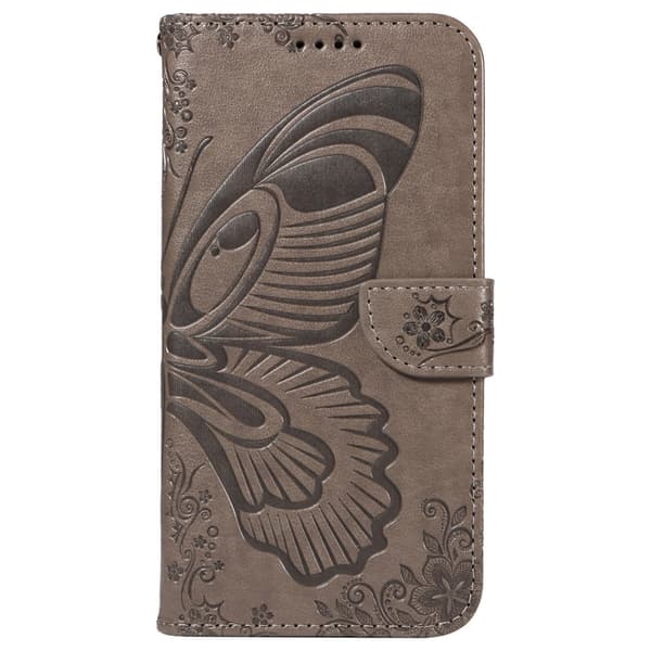Etui med stativ, lommebok og sommerfuglmønster til Samsung Galaxy S24 FE Grey