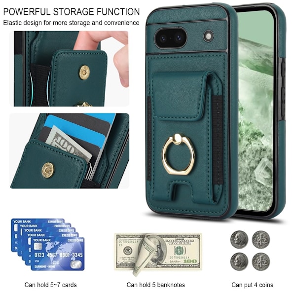 For Google Pixel 8a Kickstand Case Phone Cover with Card Slots Green
