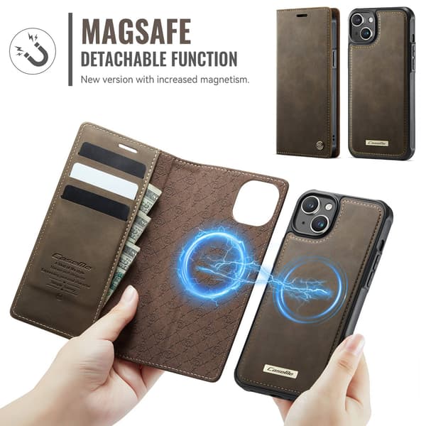 CASEME Til iPhone 15 Lommebokdeksel Magnetisk Avtakbar RFID Beskyttelse - Coffee Brown