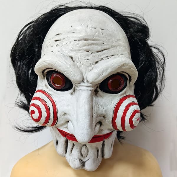 Eksklusiv Jigsaw Saw Billy-maske maskerademaske i mykt materiale med hår White