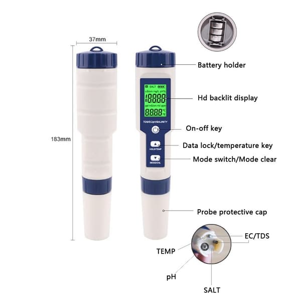 5-i-1 test for vann kvalitet EC pH TDS Temperatur Saltholdighet Grey