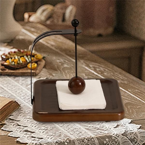 Serviettholder i furu og jern, 17,5 x 17,5 x 14,5 cm, med vektet kule Brown