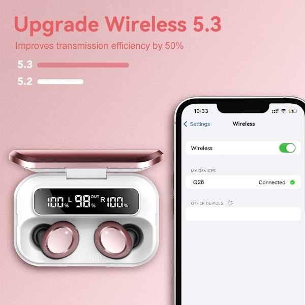 Q26 Bluetooth headset Digital Display In-Ear trådløse hovedtelefoner PowerBank funktion - Lyserød Pink